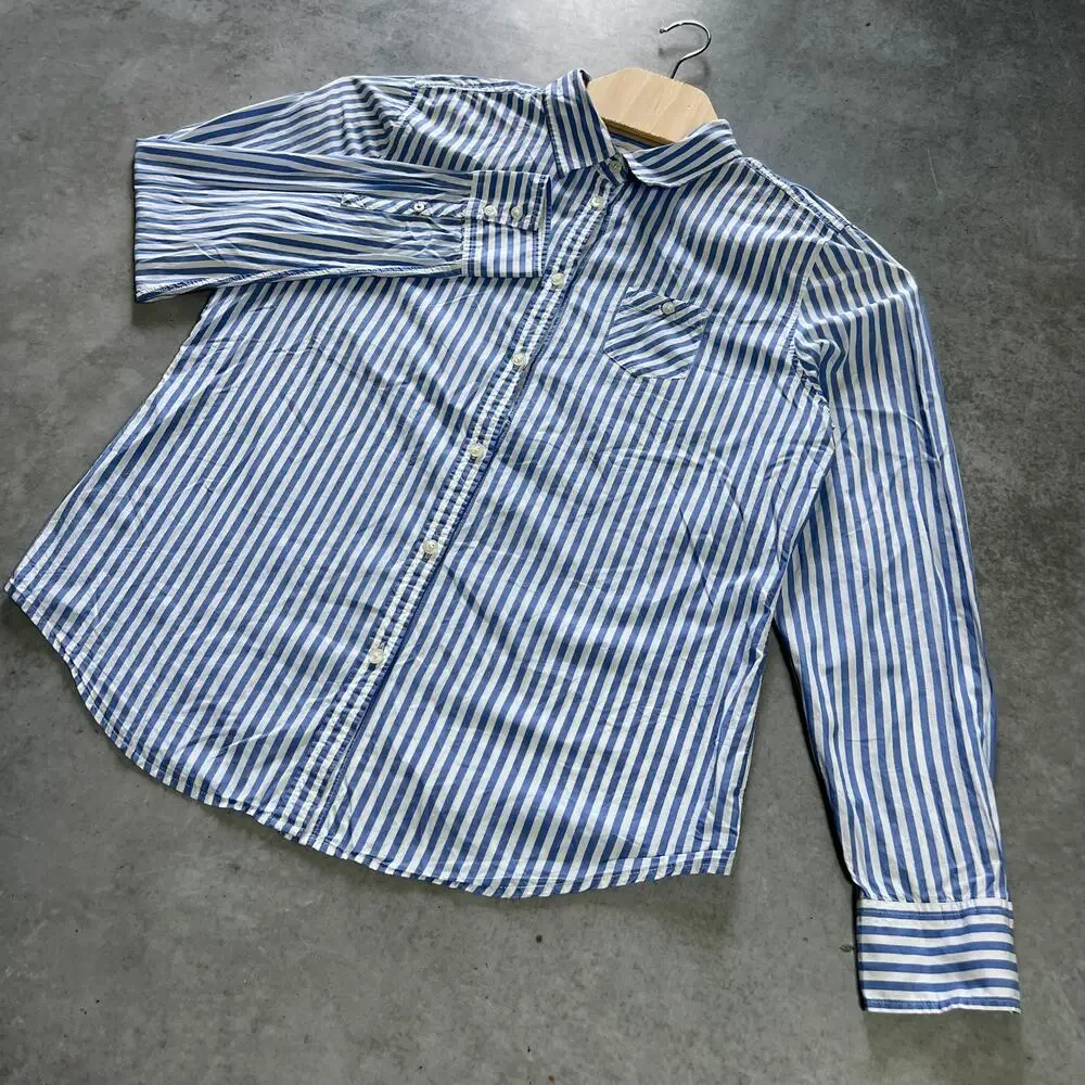 American Eagle Oxford Striped Shirt Womens Size XL Favorite Fit Blue Long Sleeve